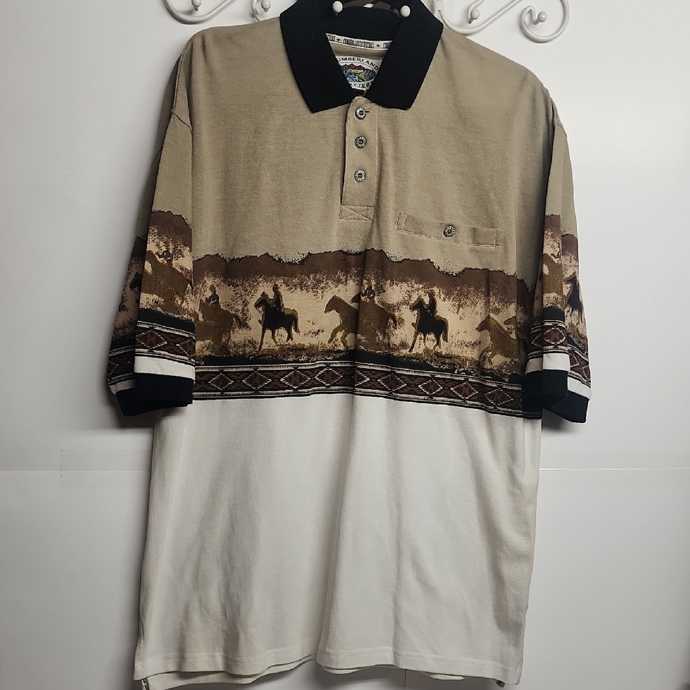 Cumberland Outfitters Wearble Art Mens Beige& Brown Cowboys On Horses Polo Shirt
